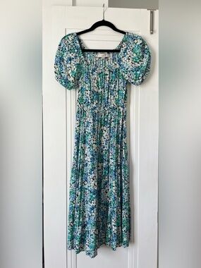 LOFT Green Blue Floral Puff-Sleeve Maxi Dress